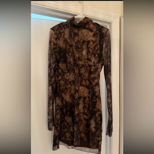 Long Sleeve Brown Tie-Dye Mesh Dress